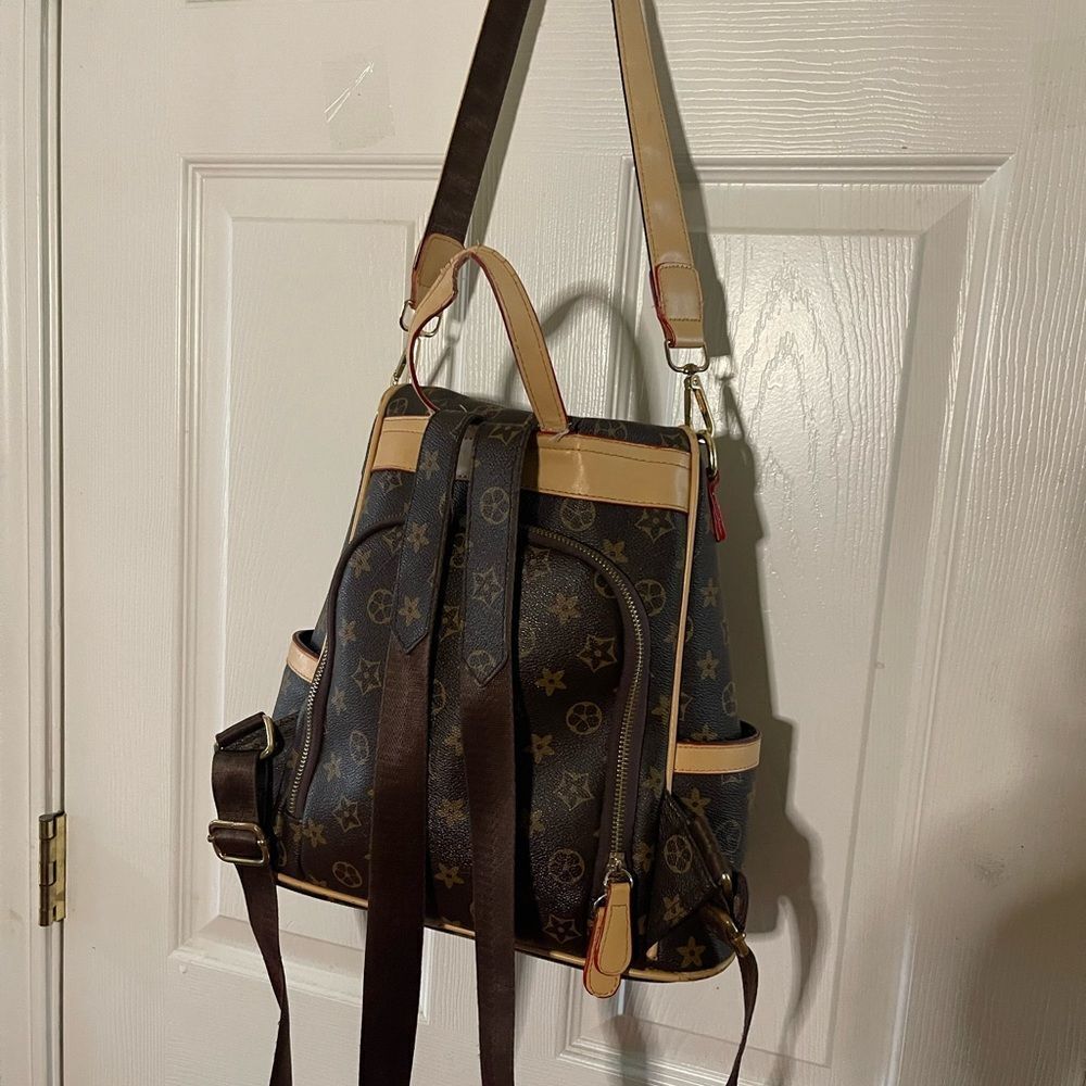 Stylish  Synthetic Brown & Gold Backpack / Shoulder bag tan trim Accents - Picture 4 of 15